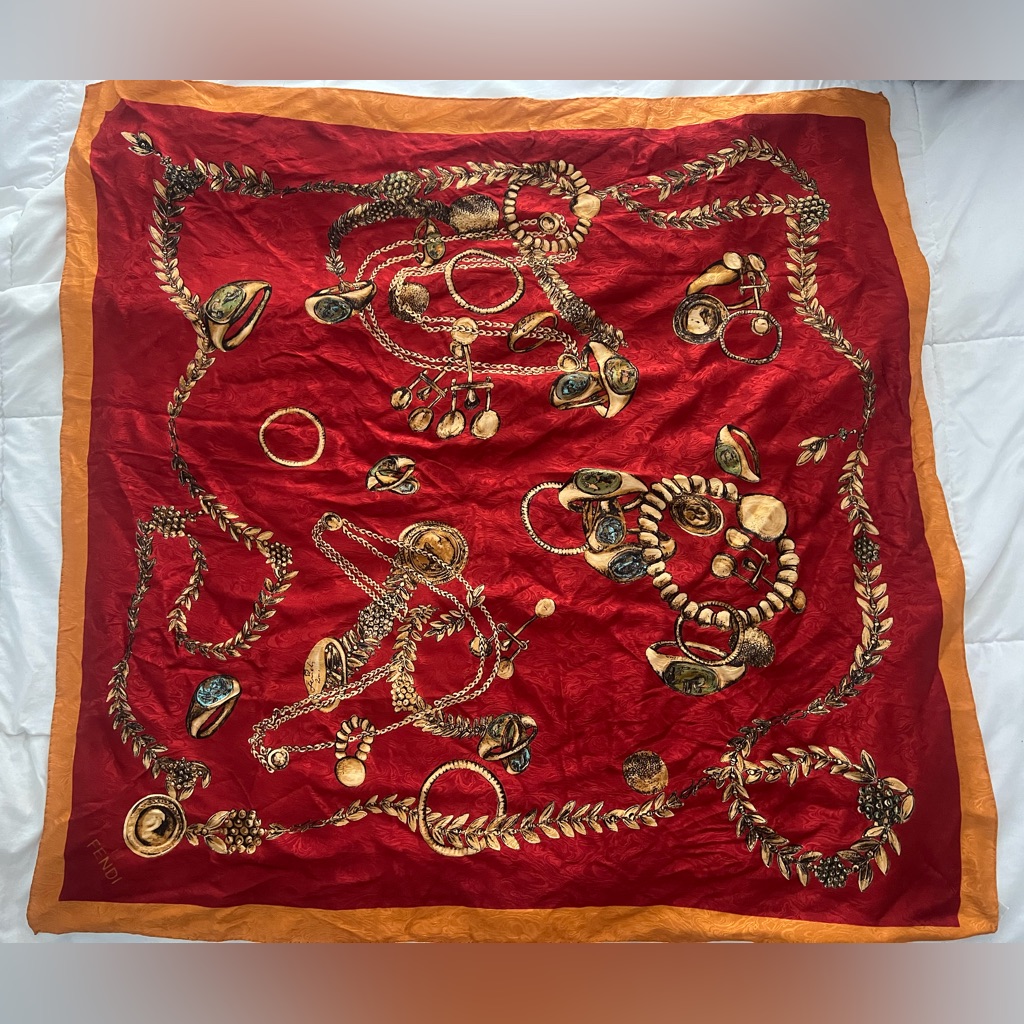 Rare Fendi Vintage Silk Scarf - Red And Gold